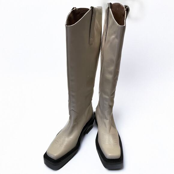 ALOHAS Cattle Cowboy Leather Squre Toe Tall Boots in Ivory Size 7-7.5 - Picture 4 of 16